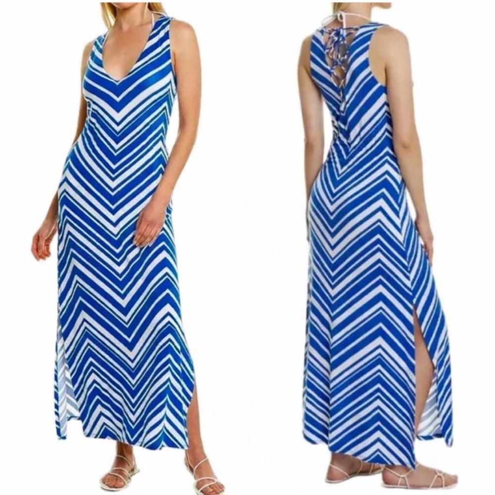 NWT La Blanca Archistripe Swim Cover Up Maxi Dress Blue Size M